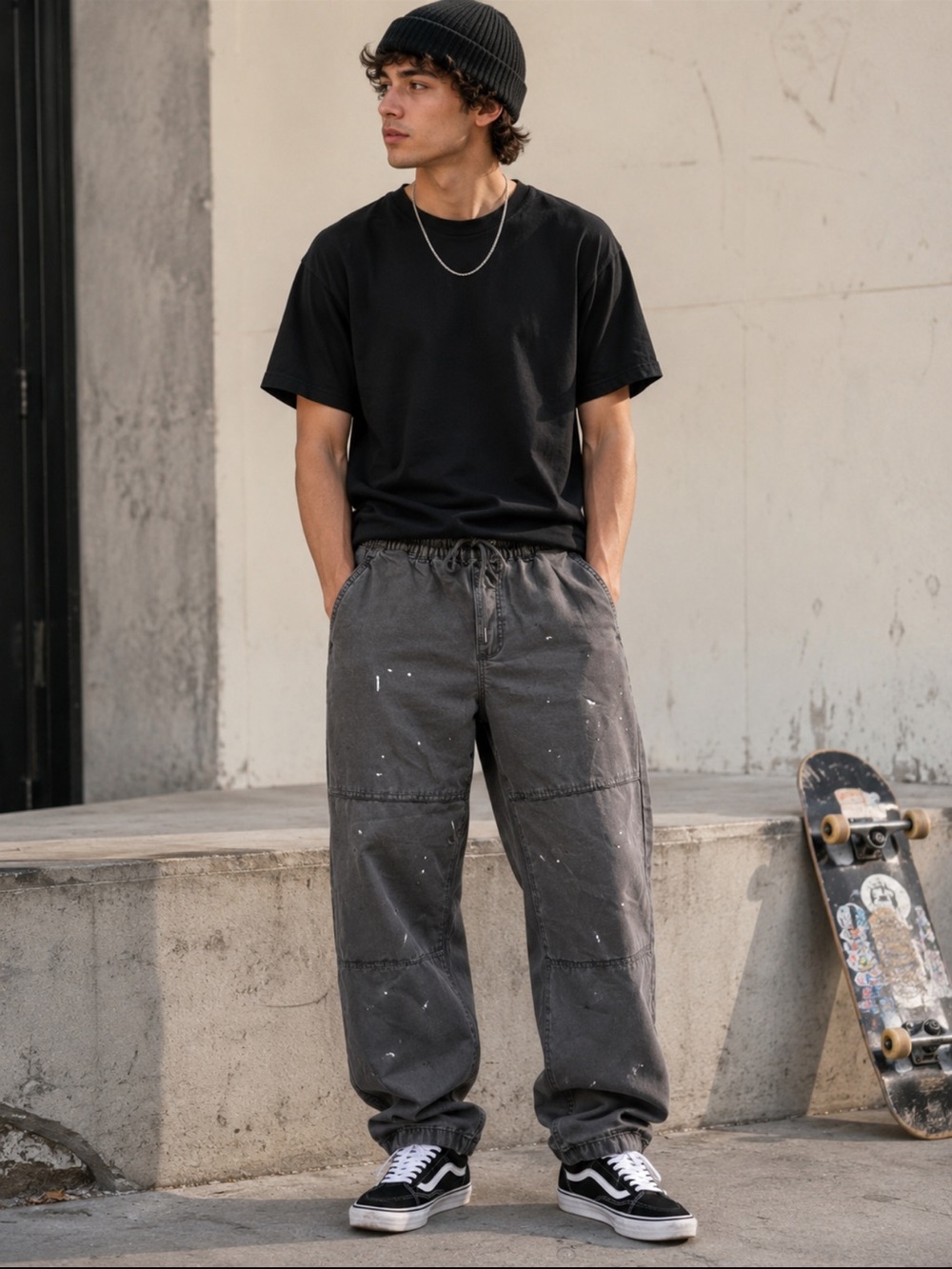 Men's baggy jogger paintsplatter skater drk grey jeans. M